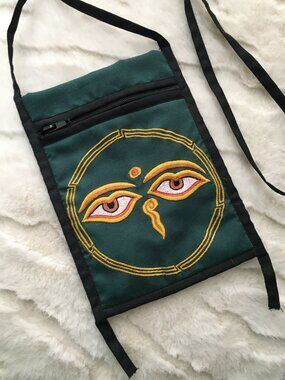 90s Handmade Buddha Eyes Crossbody Pouch Green Himalayan Travel Purse